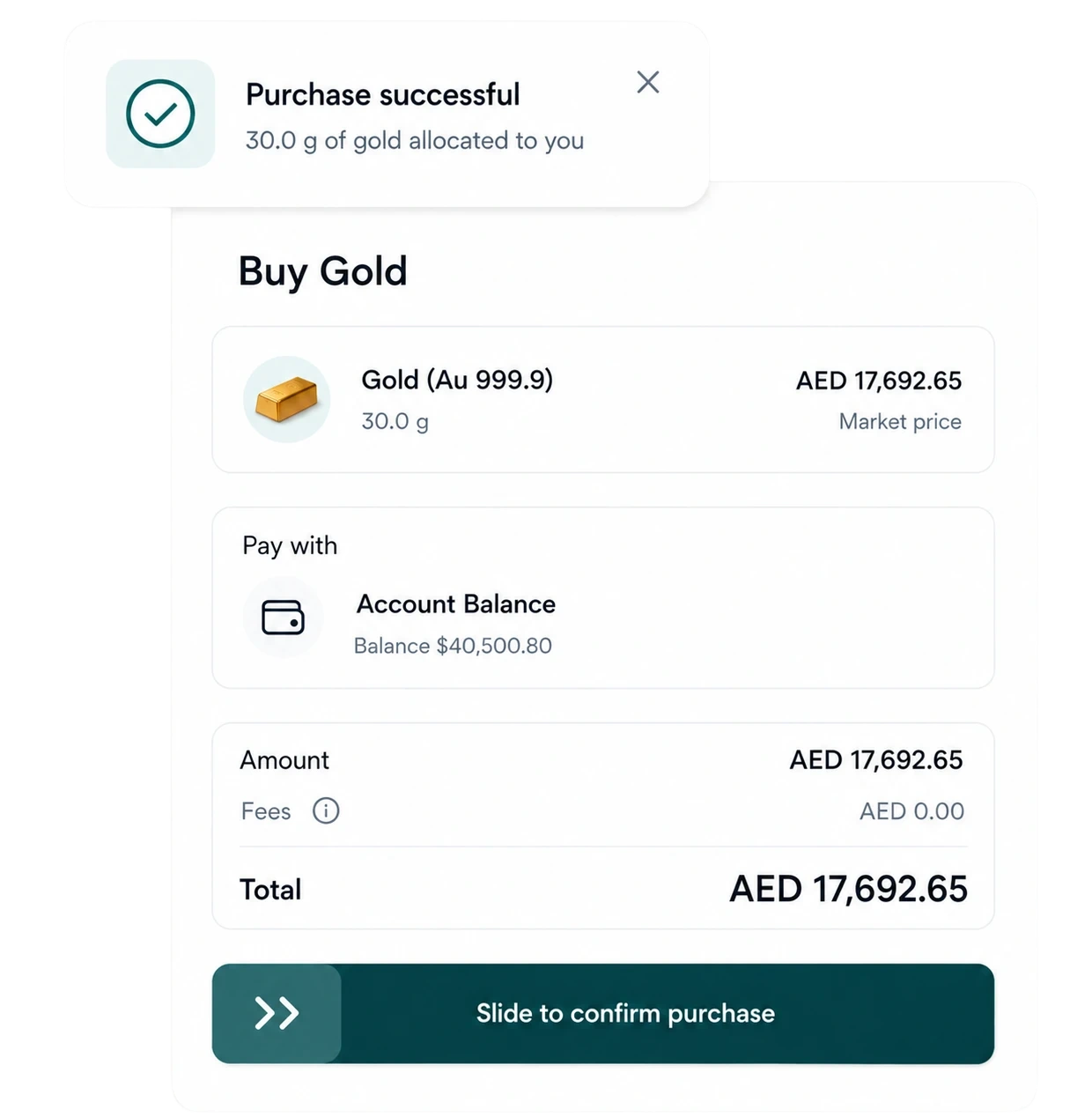 Buy Gold order confirmation in the EONA app