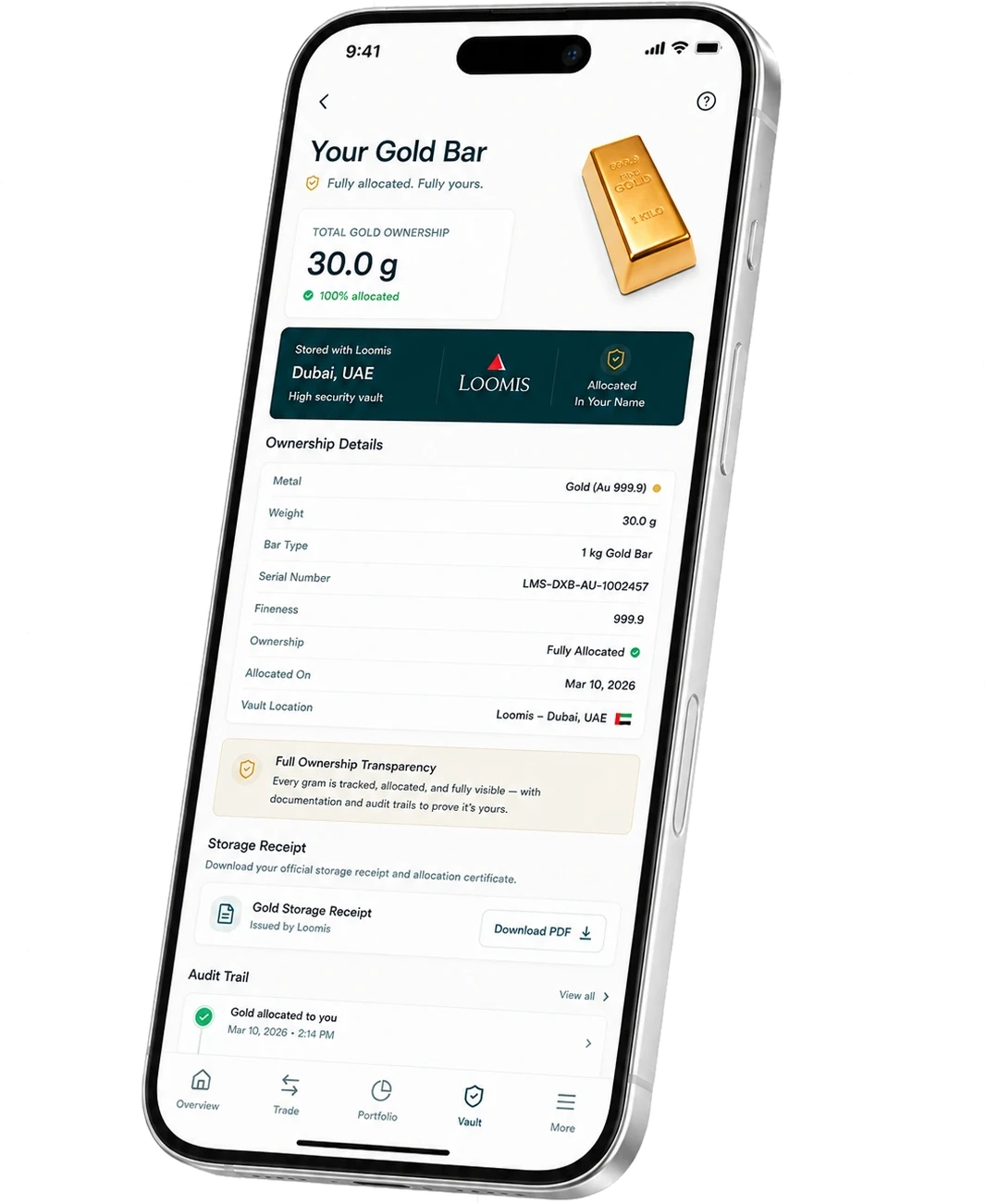 EONA vault screen — allocated gold bar stored with Loomis