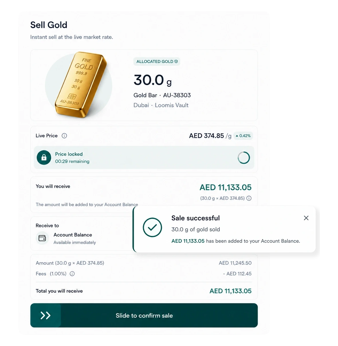 Sell Gold order with locked price in the EONA app